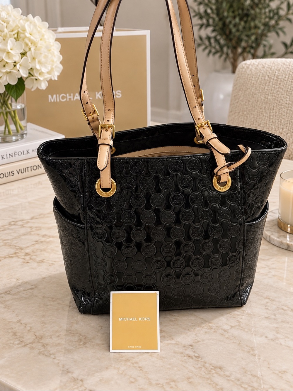 Michael Kors Black Patent Tote with Tan Leather Straps